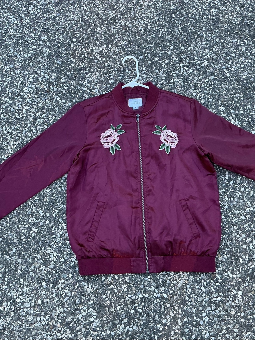 Empyre Floral Embroidered Satin Bomber Jacket Burgundy Rose Medium